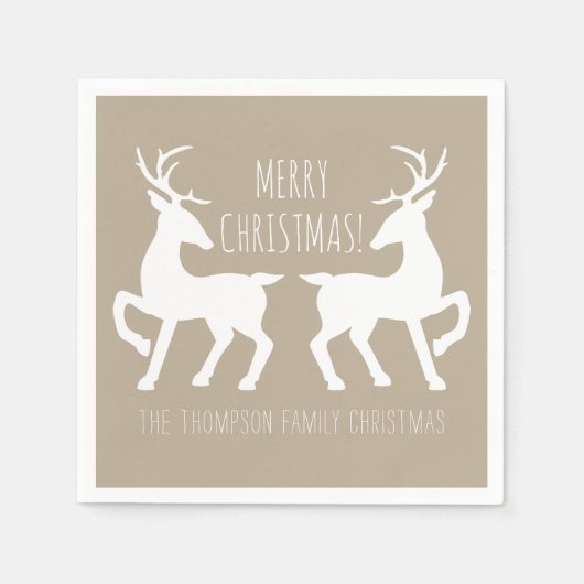 ベージュとホワイトデアとカスタム文字クリスマス スタンダードカクテルナプキン (正面)