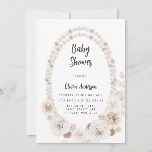 ベージュとホワイトパールと花模様ベビーシャワー請求書 招待状 (正面)