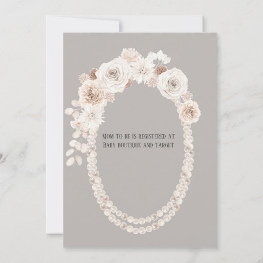 ベージュとホワイトパールと花模様ベビーシャワー請求書 招待状 (裏面)