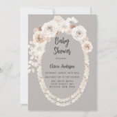 ベージュとホワイトパールと花模様ベビーシャワー 招待状 (正面)