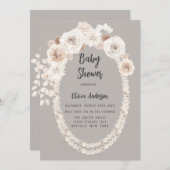 ベージュとホワイトパールと花模様ベビーシャワー 招待状 (正面/裏面)
