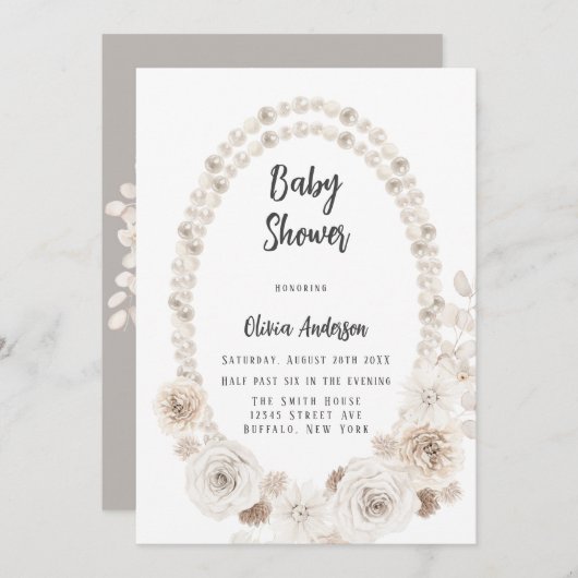 ベージュとホワイトパールの花モチーフ ベビーシャワー招待状 招待状 (正面/裏面)