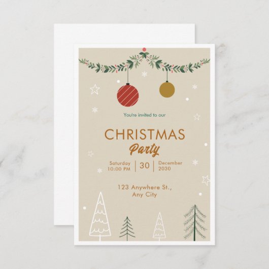 ベージュと緑のミニマリストのクリスマス 招待状 (正面/裏面)