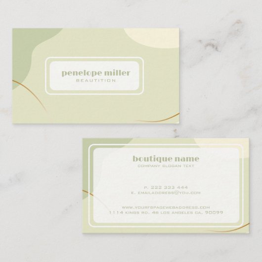 ベージュと緑の美容師の落ち着いた色 名刺 (正面/裏面)