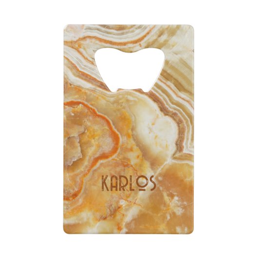 ベージュと茶色のフェイク大理石の背景 クレジットカード栓抜き (正面)