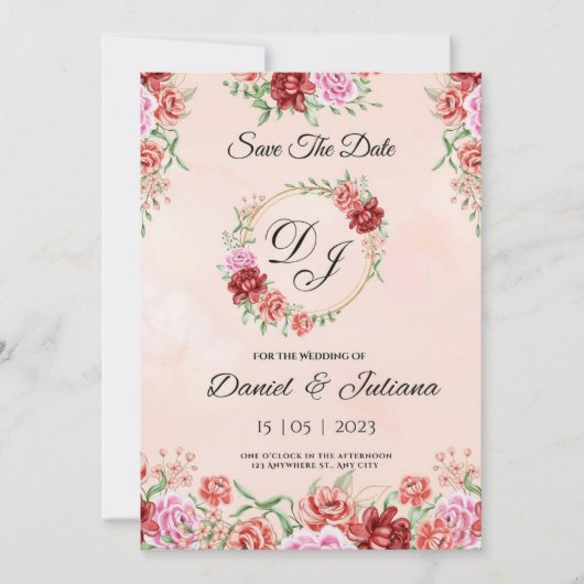 ベージュと赤の水彩花柄カード、エレガントな花のカード 招待状 (正面)