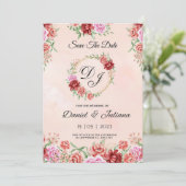 ベージュと赤の水彩花柄カード、エレガントな花のカード 招待状 (スタンド正面)