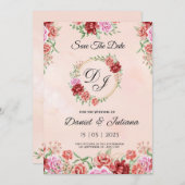 ベージュと赤の水彩花柄カード、エレガントな花のカード 招待状 (正面/裏面)