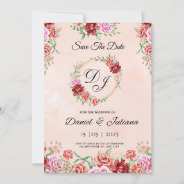 ベージュと赤の水彩花柄カード、エレガントな花のカード 招待状