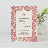 ベージュと赤の縁取りのヴィンテージイラストのウェディングカード 招待状 (スタンド正面)
