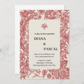 ベージュと赤の縁取りのヴィンテージイラストのウェディングカード 招待状 (正面/裏面)