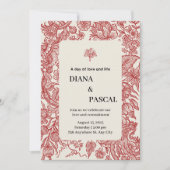 ベージュと赤の縁取りのヴィンテージイラストのウェディング 招待状 (正面)