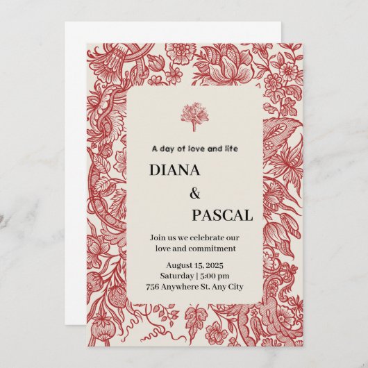 ベージュと赤の縁取りのヴィンテージイラストのウェディング 招待状 (正面/裏面)