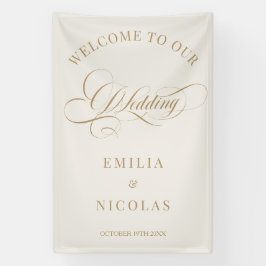 ベージュと金ゴールドクラシックの結婚歓迎サイン 横断幕