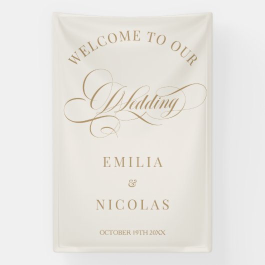 ベージュと金ゴールドクラシックの結婚歓迎サイン 横断幕 (縦)