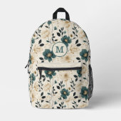 ベージュと青の花のパターン プリントバックパック (正面)