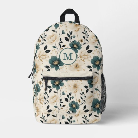 ベージュと青の花のパターン プリントバックパック (正面)