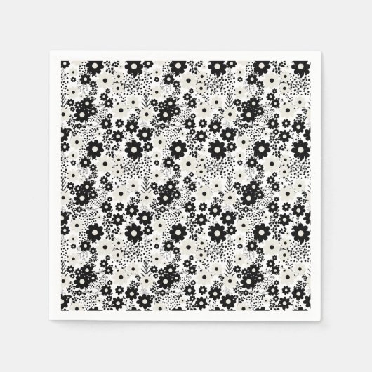 ベージュと黒の花 スタンダードカクテルナプキン (正面)