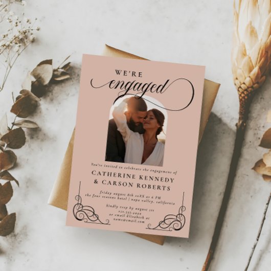 ベージュと黒字書道婚約パーティ 招待状