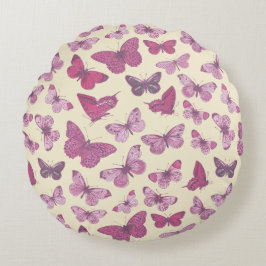 ベージュにキュートなピンクの蝶々模様 ラウンドクッション