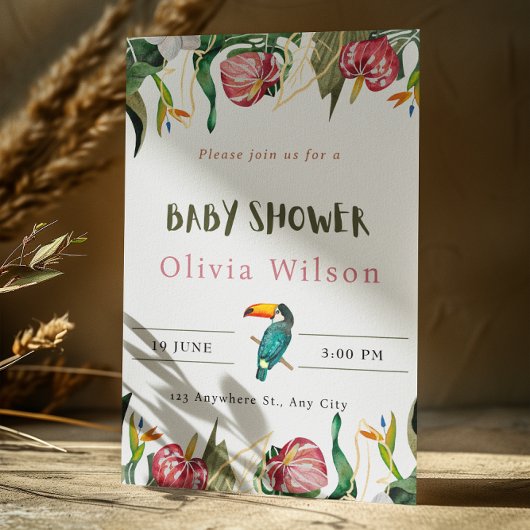 ベージュのかわいい花模様のベビーシャワー招待状 招待状