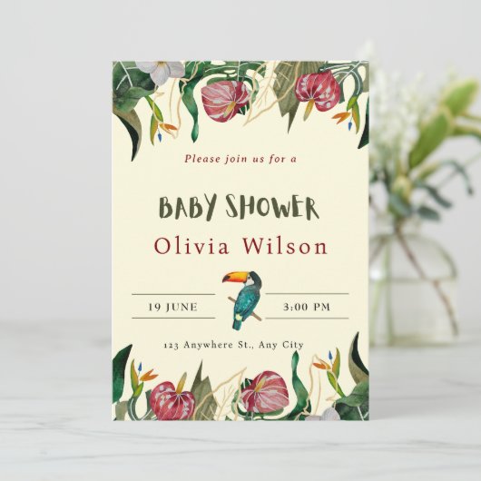 ベージュのかわいい花模様のベビーシャワー招待状 招待状 (スタンド正面)