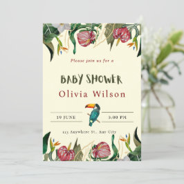 ベージュのかわいい花模様のベビーシャワー招待状 招待状