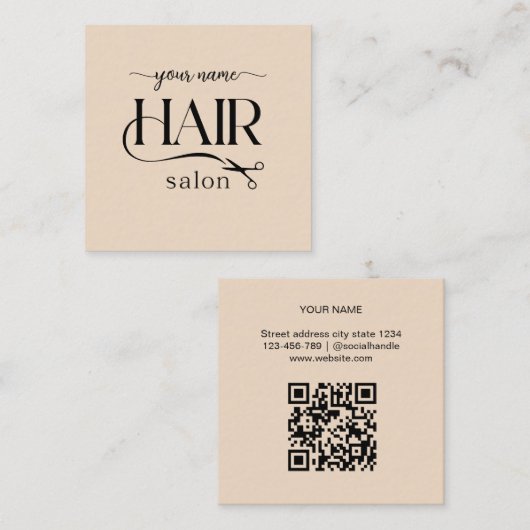 ベージュのはさみスクリプト ヘアサロンQRコード スクエア名刺 (正面/裏面)