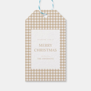 ベージュのギンガムチェックのクリスマス ギフトタグ