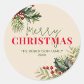 ベージュのクリスマスシールに松とヒイラギ ラウンドシール (正面)