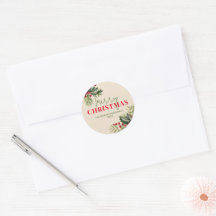 ベージュのクリスマスシールに松とヒイラギ