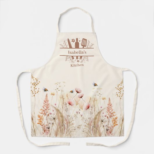 ベージュのクリーム水色ワイルドフラワーピンクのボホ エプロン (正面)