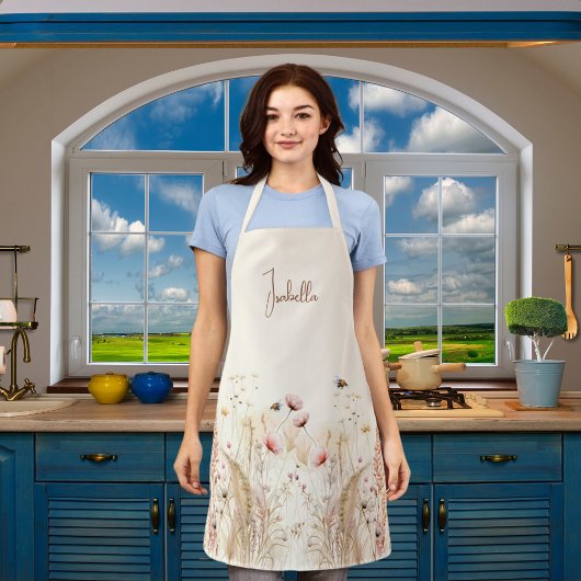 ベージュのクリーム水色ワイルドフラワーピンクのボホ エプロン