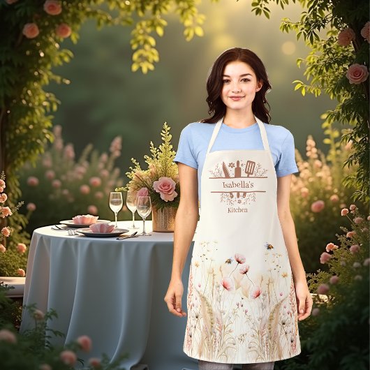 ベージュのクリーム水色ワイルドフラワーピンクのボホ エプロン