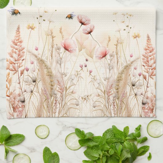 ベージュのクリーム水色ワイルドフラワーピンクのボホ キッチンタオル (折り畳み)