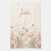 ベージュのクリーム水色ワイルドフラワーピンクのボホ キッチンタオル (縦)