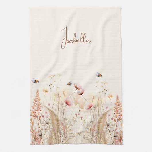 ベージュのクリーム水色ワイルドフラワーピンクのボホ キッチンタオル (縦)