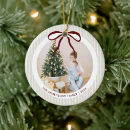ベージュのストライプ クラシック レッドボウ クリスマス セラミックオーナメント