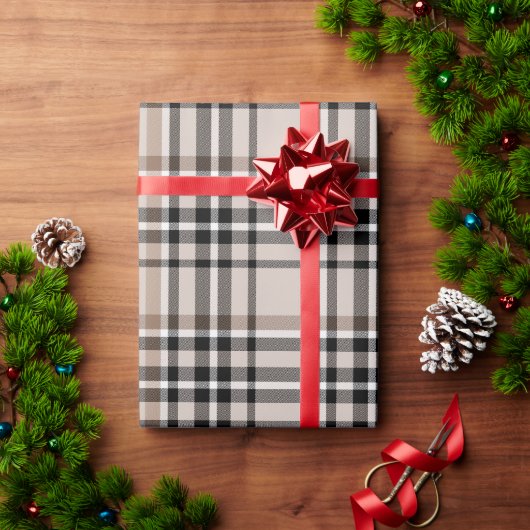 ベージュのチェック柄 ラッピングペーパー (クリスマスギフト)