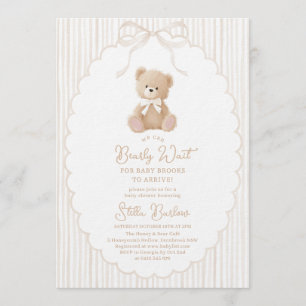 ベージュのテディベアベビーシャワー We Can Bearly Wait 招待状