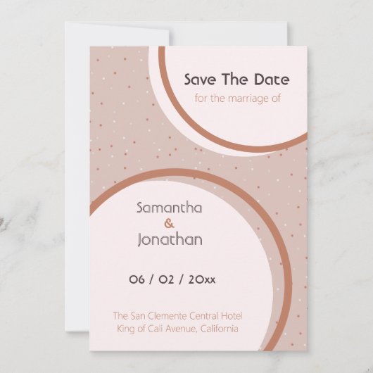 ベージュのドットとサークルの結婚式 Save The Date 招待状 (正面)