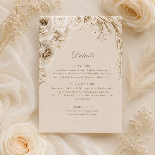ベージュのドライフラワーの結婚式詳細カード 招待状
