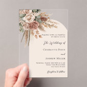 ベージュのバラとパンパスグラスが美しいアーチ形の清楚なボヘミアンスタイルのウェディング アクリル招待状 (インサイチュ (ポータブル))