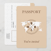 ベージュのパスポート 航空 バースデーパーティー 招待状 (正面/裏面)