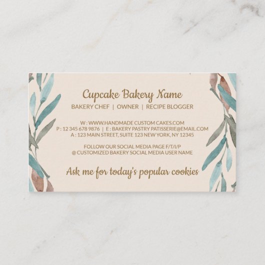 ベージュのパン屋さんの料理用ローリングピンとパティシエ 名刺 (裏面)