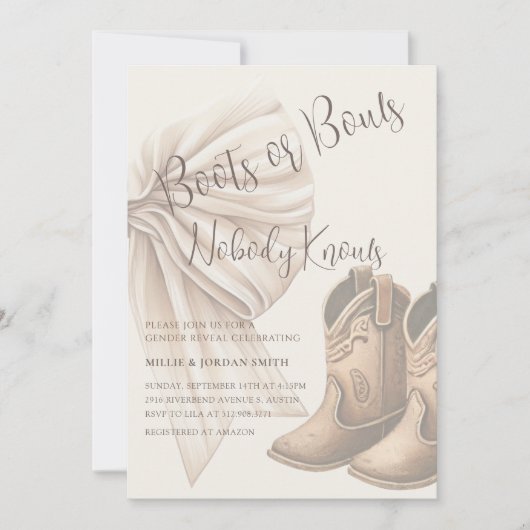 ベージュのブーツまたは船首の水色の性別を明らかにする 招待状 (正面)