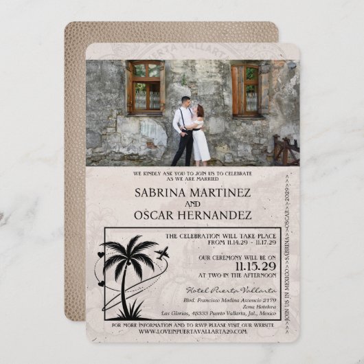 ベージュのプエルトバヤルタ パスポート ウェディング 招待状 (正面/裏面)