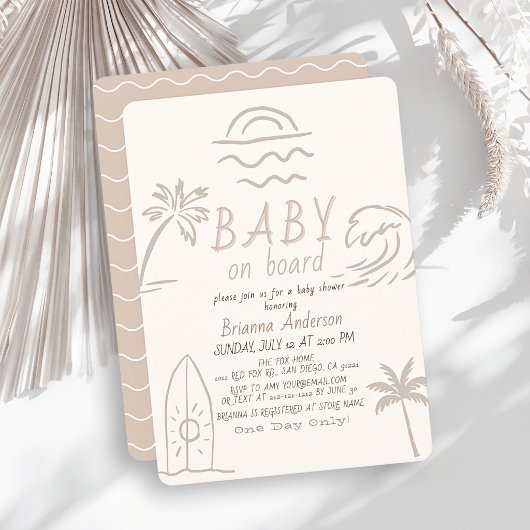 ベージュのベビーシャワー サーフの落書きデザイン Baby on Board 招待状