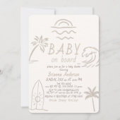 ベージュのベビーシャワー サーフの落書きデザイン Baby on Board 招待状 (正面)