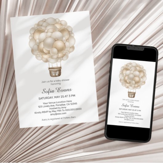 ベージュのホットエアバルーン ボホ ベビーシャワー 招待状